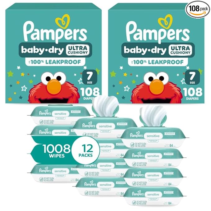 Pampers Baby Dry Disposable Baby Diapers Size 7, 2 Month Supply (2 x 108 Count) with Sensitive Water Based Baby Wipes 12X Multi Pack Pop-Top and Refill (1008 Count)