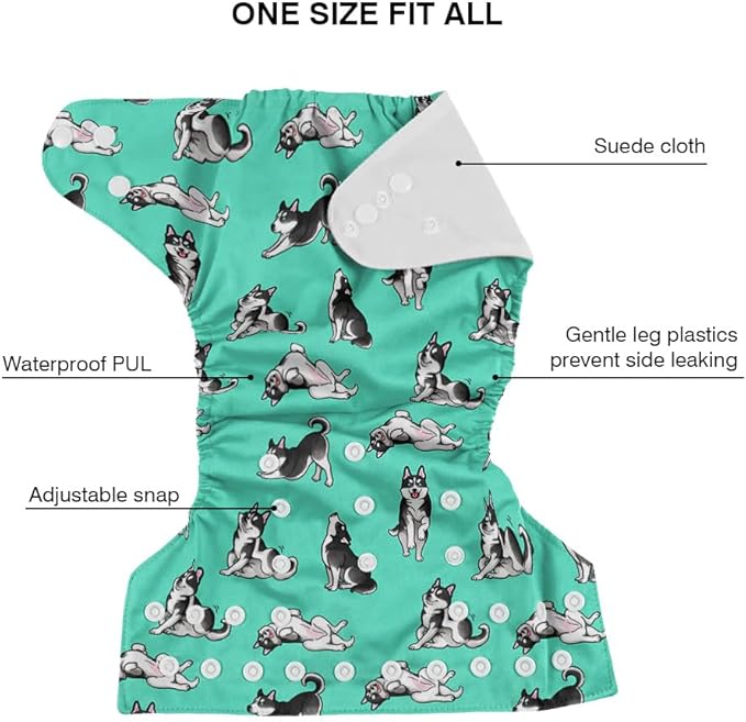 WIRESTER Baby Cloth Diaper One Size Adjustable Washable Reusable Cloth Pocket Diaper for Baby - Siberian Husky Funny Playful Postures