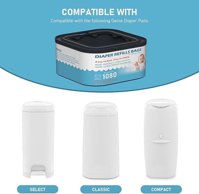 Jumbo+ Square Refills Disposal Bags Refill (Baby Powder Scent) Compatible with Diaper Genie Classic, Compact and Select Pails, Hold Up to 1080 Newborn-Sized Diapers Per Refill, 4 Pack