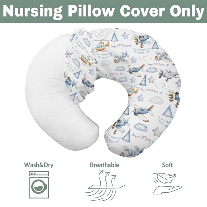 Vintage Planes Airplanes Helicopters Nursing Pillow Covers for Boy Girl Retro Stars Plane Clouds Sky Nursery Slipcover for Breastfeeding Pillows Soft Stretchy Removable Covers for Newborn Infant