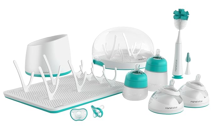 Nanobebe Breastmilk and Silicone Baby Bottle Ultimate Set Gen 2, 5oz and 9oz - with Sterilizer, Drying Rack, Anti-Colic Nipples, Pacifiers, and Warmer - Teal/Grey