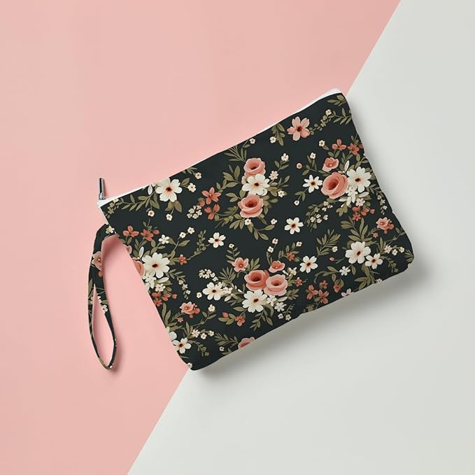 Fokongna Floral Print Wet Bag, Small Portable Waterproof Multi-Functional Organizer for Women, Black Background Pink Floral, Ideal for Daily, Beach & Travel