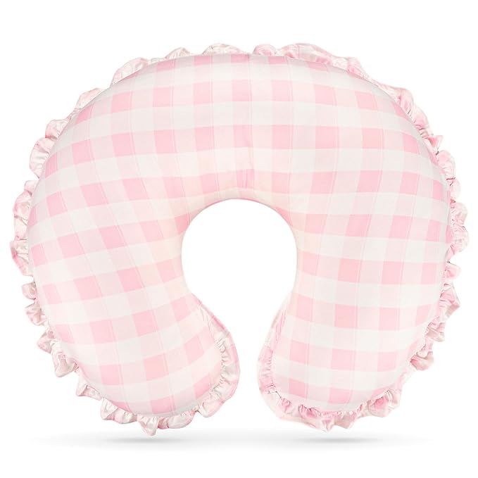 DILIMI Nursing Pillow Cover, Removable Ruffled Pillowcase for Breastfeeding Pillows, Ultra Soft Comfortable Slipcover for Baby Girl and Boy, Pink Gingham