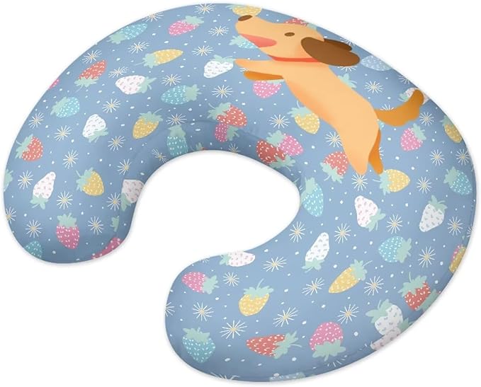 Cute Puppy Nursing Pillow Cover Stretchy and Soft Nursing Cover for Breastfeeding Pillows,Strawberry Printed Pillow Slipcover for Baby Girls Boys Newborn Blue(Cover Only)