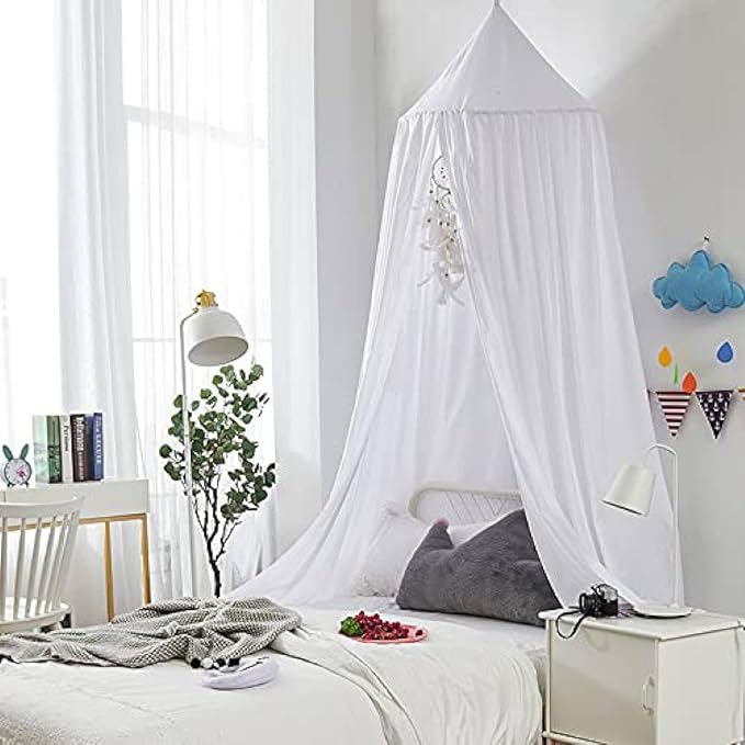 Bunnikins & Clover Bed Canopy for Girls Boys Bedroom Decor, Round Dome Mosquito Net for Baby Crib, Nook Castle Game Tent Nursery Decoration for Child, Play or Reading (White)