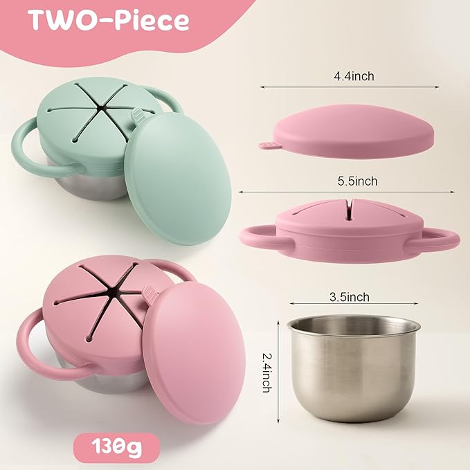 Bufilea 2 Pack Snack Containers for Toddlers, Stainless Steel Toddler Snack Cups with Silicone Food Catcher & Lids,Snack Cups for toddlers Spill Proof