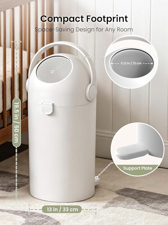 Grownsy Baby Diaper Pail, Odor-Locking Roll-Top Design, No Special Bag Required, One-Handed Use & Compact Design, Eco-Friendly Diaper Trash Can, Newborn Essentials, White
