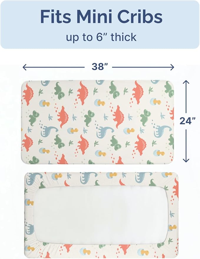2-Pack Mini Crib Sheets Fitted - Pack N Play Sheets for Pack and Play Mattress - Stretchy Soft Microfiber Playard Bedding - Mini Toddler Bed Cover for Boys & Girls - Oeko-Tex - 38 x 24in, Dino Land