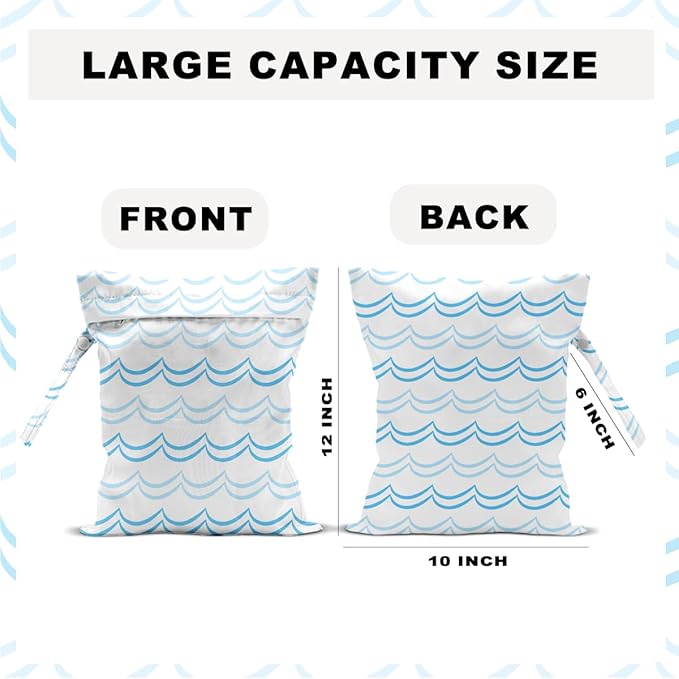Blue and White Wave Pattern Wet Bag 12x10 Inch, Wet Dry Bag for Swimsuit Travel Beach Pool Stroller Diapers Dirty Yoga Gym Clothes Toiletries Waterproof Reusable with Two Zippered Pockets & Handle