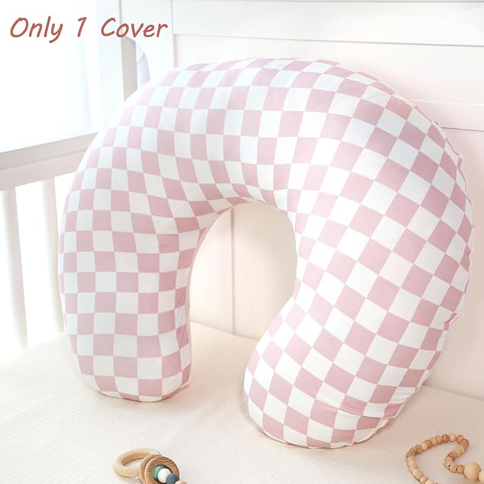 Nursing Pillow Cover 1 Pack, DAYEEBALL Double-Sided Removable Nursing Cover for Baby Girls Boys Newborn, Stretchy and Soft Reversible Slipcover for Breastfeeding Pillow, Pink Checkerboard (Only Cover)