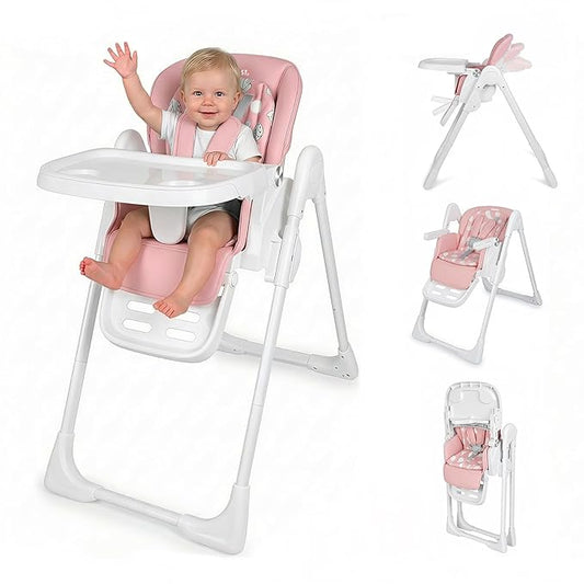 High Chair for Babies and Toddlers, Baby High Chair with Removable Tray, Adjustable Backrest, Footrest Height Settings, Space-Saving Design, Foldable, Pink