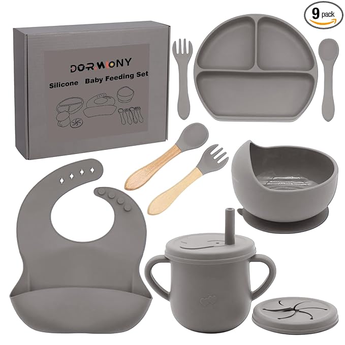 100% Silicone baby feeding set,BPA free Baby dishes set with Suction Bowl Divided Plate,Toddler Self Feeding Dish Set with Spoons Forks Sippy Cup And Bib, Baby Eating Utensils (Light Brown)