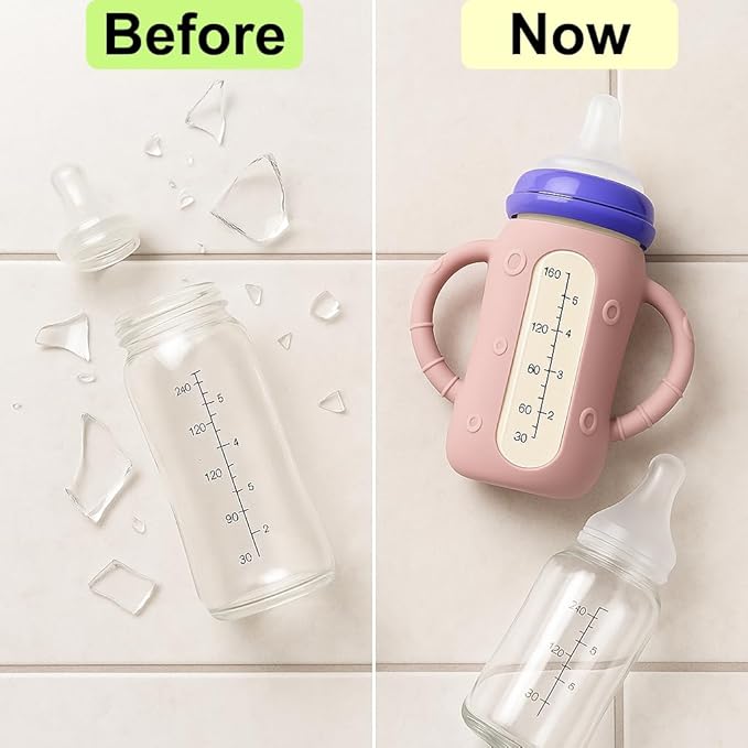 4 Pcs Silicone Pink Sleeves for Lansinoh (Old Style) Anti-Colic Glass Baby Bottles, Drop Protection Silicone Covers Compatible with 5 Ounces Lansinoh Glass Bottles, BPA-Free (Gray)