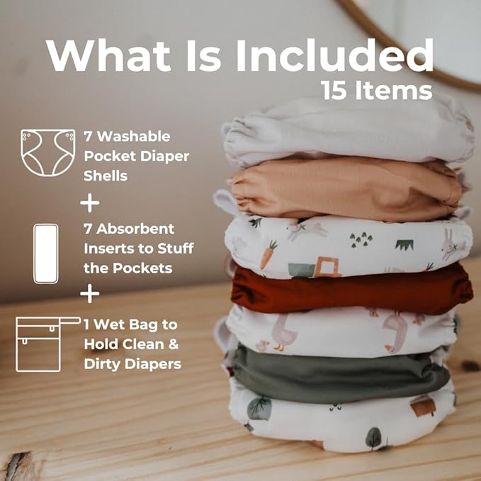 Nora's Nursery Cloth Diapers 7 Pack with 7 Inserts & 1 Wet Bag - Waterproof Cover, Washable, Reusable & One Size Adjustable Pocket Diapers for Newborns and Toddlers - On the Farm