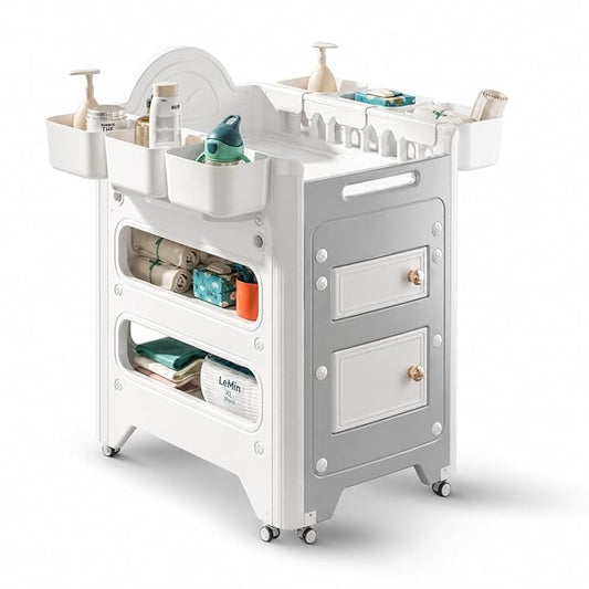 Heavy-Duty Baby Changing Table with Storage & Adjustable Height – Waterproof HDPE Diaper Changing Station for Nursery & Daycare, Removable Care Basin