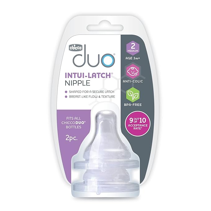 Chicco Duo Glass-Lined Baby Bottle, Intui-Latch Nipple with Anti-Colic Valve, Stage 2 Medium Flow, 3+ Months, 100% Silicone, Skin-Like Texture, Breast-Like Shape & Flow, 1 Count (Pack of 6)