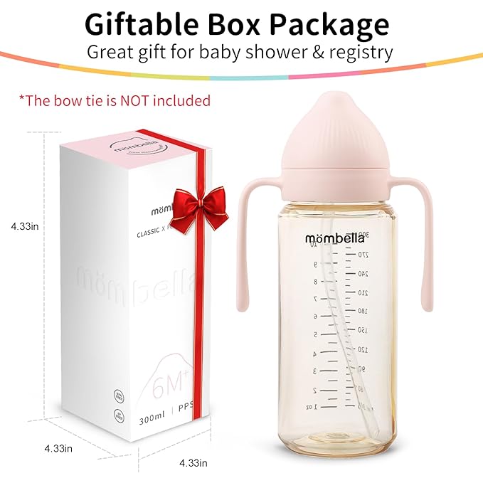 Mombella Classic 2 in 1 Baby Bottle & Straw Cup with Handle, PPSU Baby Bottles & Sippy Cup, Skinsoft Silicone Nipple Milk Feeding Bottle for Babies 6 Months+, Easy Grip, Leak-Proof, 10oz, Pink