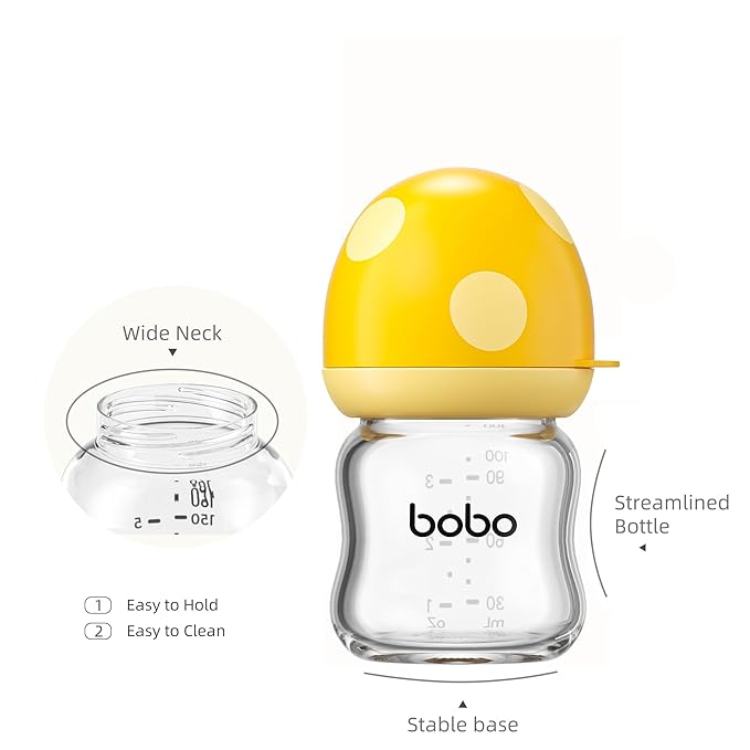YOHKOH Natural Glass Baby Bottle with Level 1 Slow Flow Nipple, Newborn Anti-Colic Baby Bottles, Wide Neck Mushroom Baby Glass Bottle (Yellow-A, 3.4oz (Pack of 4))