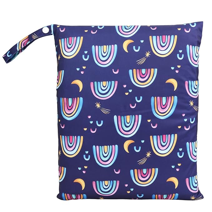 Wet Dry Bag Baby Cloth Diaper Nappy Bag Reusable Washable With Two Zippered Pockets (Rainbows Purple)