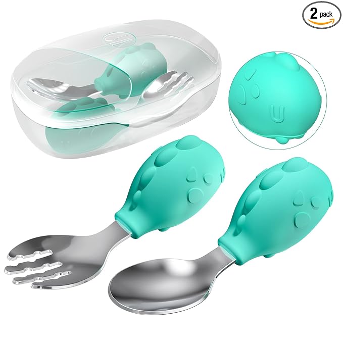 Deejoy Toddler Utensils - Stainless Steel Spoons and Forks, Kids Silverware Self Feeding Flatware Set with Travel Safe Case (Green)