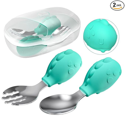 Deejoy Toddler Utensils - Stainless Steel Spoons and Forks, Kids Silverware Self Feeding Flatware Set with Travel Safe Case (Green)