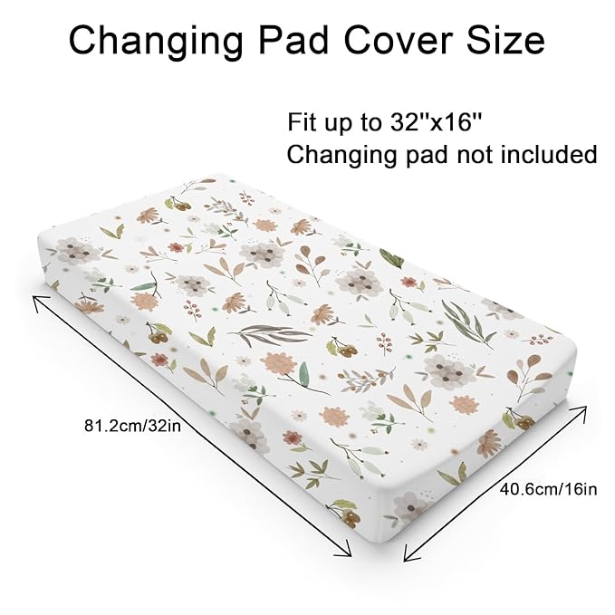 Boho Floral Changing Pad Covers for Baby Boy Girl 32''x16'' Greenery Flowers Leaves Unisex Fitted Changing Table Sheets Wild Flowers Comfort Soft Breathable Nursery Cradle & Bassinet Sheets