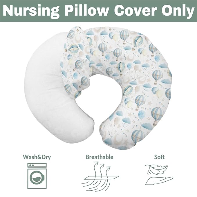 Neutral Blue Hot Air Balloons Baby Nursing Pillow Covers for Boy Girl Pastel Balloons Moon Star Clouds Nursery Pillowcase for Breastfeeding Pillows Boho Sky Soft Stretchy Slipcovers for Newborn Infant