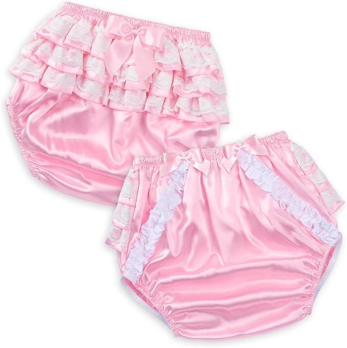 Littleforbig Washable Reusable Waterproof Ruffled Lace Bow Pretty in Pink Satin Over Adult Diaper Cover L