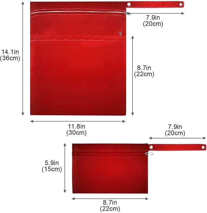 Red Texture Wet Dry Bag for Baby Cloth Diaper Waterproof Reusable Travel Wet Bag with Two Zippered Pockets for Swimsuits, 2 Pcs