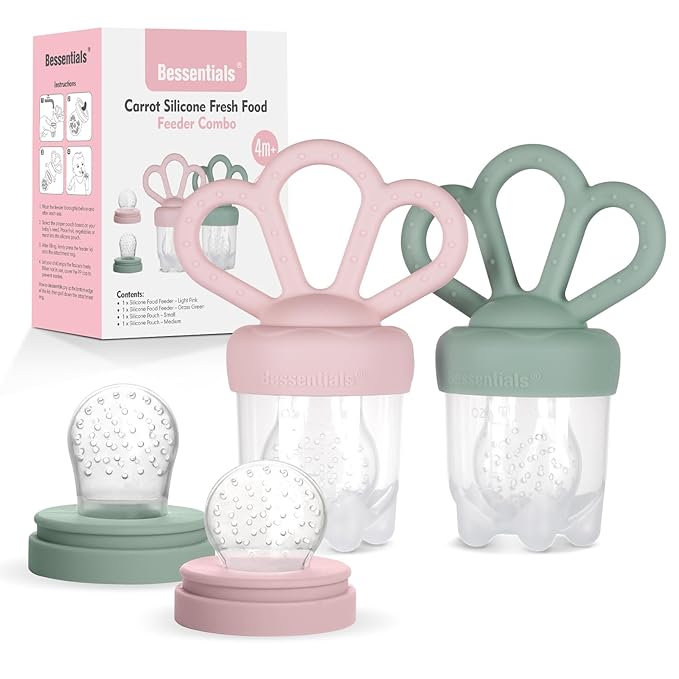 Carrot Baby Fresh Fruit Food Feeder & 2 Pack Silicone Mesh Feeders | Safe Infant Self-Feeding|Includes 3 Sizes of Food Pouches |Suitable for Baby 4M+|BPA-Free (Pink & Grass Green)