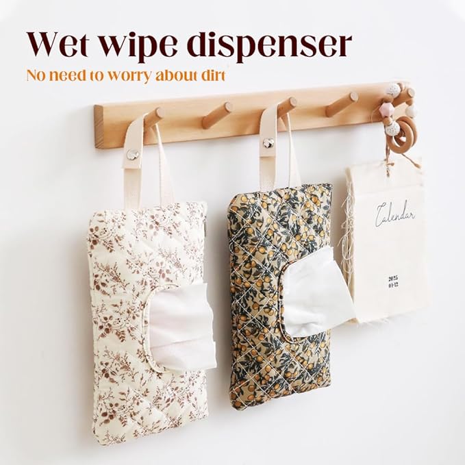 2 PCS Floral Quilted Baby Wipe Holder Pouch with Strap, Reusable Portable Wipes Case for Stroller & Diaper Bag, Leak-Proof Travel Wipes Dispenser with Floral Pattern (Beige)