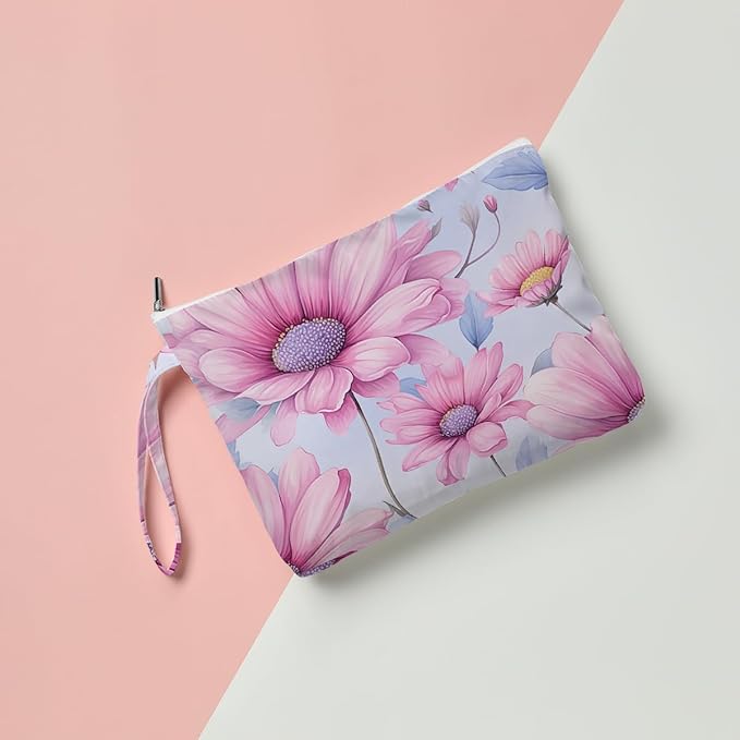 Fokongna Floral Print Wet Bag, Small Portable Waterproof Multi-Functional Organizer for Women, Blush Pink Large Daisy, Ideal for Daily, Beach & Travel