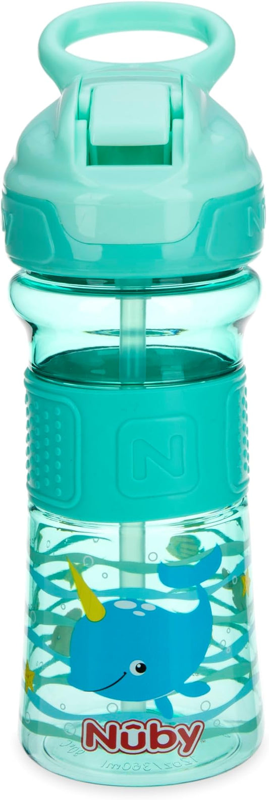 Nuby Thirsty Kids Push Button Flip-it Soft Spout on The Go Water Bottle with Easy Grip Band, 12oz, Narwahl