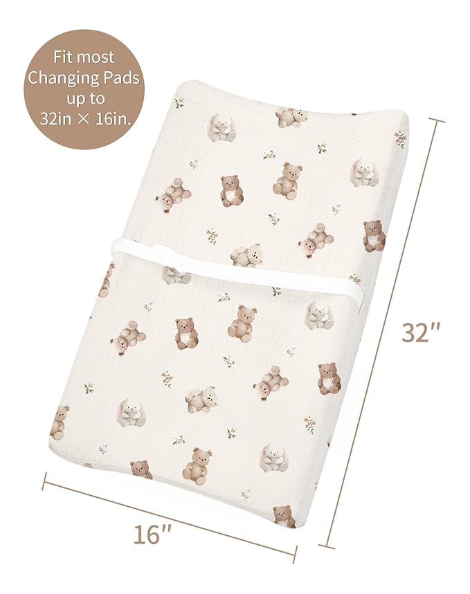 Changing Pad Cover for Baby Girls Boys, Muslin Changing Table Pad Covers with Boho Style, Neutral Color Soft and Breathable (Teddy)