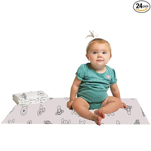 Disney Baby by J.L. Childress Disposable Changing Pads for Baby - Diaper Changing Table Covers, Travel Essentials for Babies, Absorbent Liner Pads, Leak-Resistant, 26"x18" - Winnie The Pooh, 24 Count