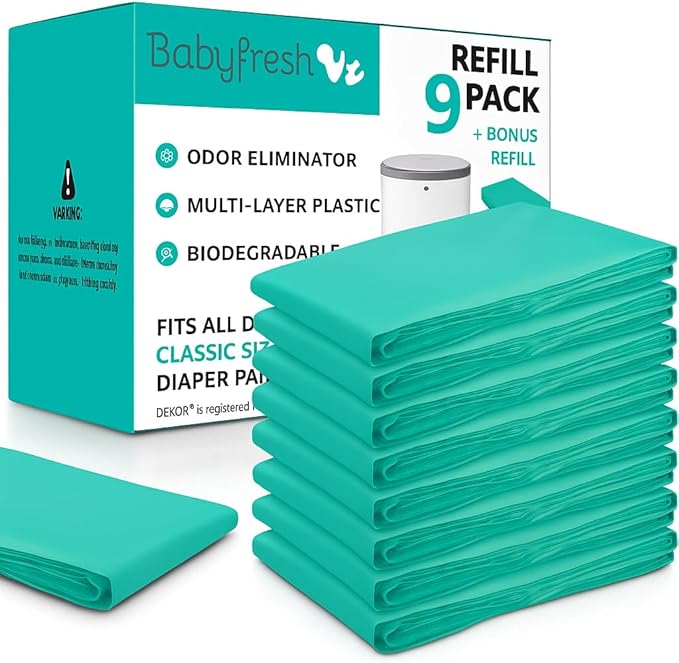 Nine-Pack Diaper Pail Refill Bags Holds 5000 Diaper – Extra-Thick Multi-Layer with Fresh Scent to Control Odors - Compatible with Traditional-Sized Diaper Pails - Durable Diaper Pail Liner Refill
