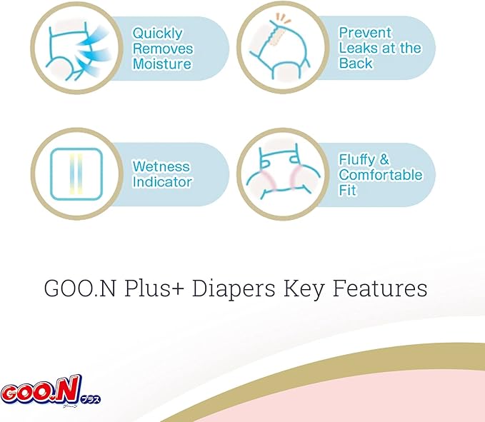 GOO.N Plus+ Diapers L Size (up to 31 lb) Unisex 54 Count Japanese Tape Straps Sensitive Skin, Made in Japan