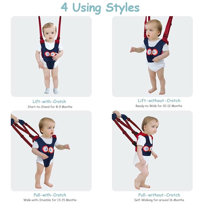 Baby Walking Harness Handheld Baby Walker Assistant Belt Adjustable Toddler Infant Harnesses Standing Up Walking Learning Helper with Detachable Crotch for 9-24 Month (DarkBlue Owl)