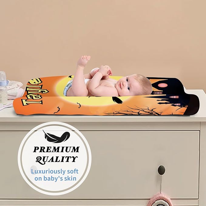 KAINSY Personalized Halloween Changing Pad Cover, Custom Diaper Change Table Sheets with Name, Witch Print Soft Jersey Knit Change Table Sheets for Toddler, 2 Pack Changing Pad Covers (16" x 32")