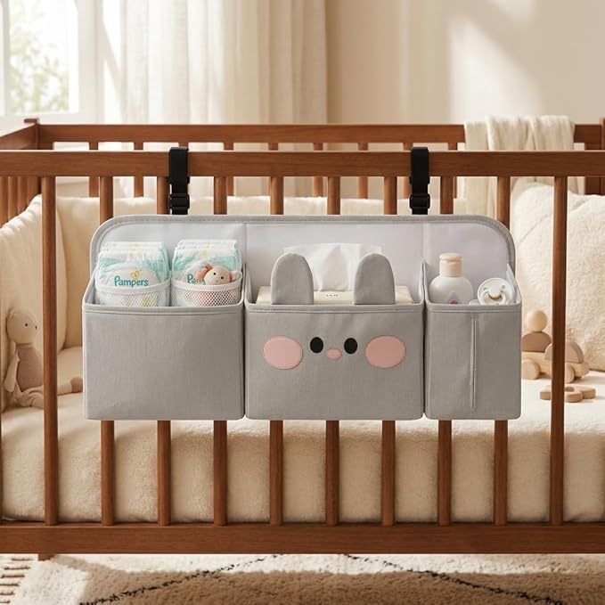 Adorable Bunny Hanging Diaper Caddy: 3-in-1 Heavy Duty Bassinet Organizer Attachment & Diaper Holder for Crib - Reinforced Oxford Cloth Storage - Stylish Gray Nursery Essential for New Parents