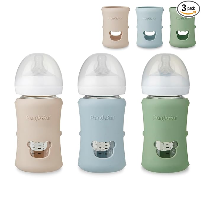 PandaEar 3 Pack Silicone Sleeves for Philips Avent Natural Glass Baby Bottles 8 oz, Shatterproof & Heat Resistant Bottle Holder, BPA-Free, Compatible with 8 oz Avent Glass Bottles, Blue Green Beige