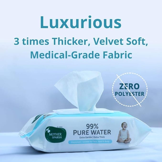 Mother Sparsh 99% Pure Water (Unscented) Baby Wipes (72 Unscented Baby Wipes) - Super Thick Fabric