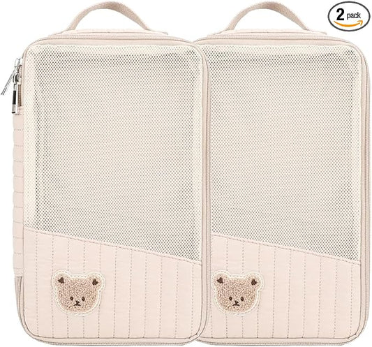 MOMIGO Baby Diaper Bag Organizer Pouches - 2 Pack Waterproof Pod Hanging Diaper Bag Cute Rabbit Bear Mesh Bag Reusable, Washable or Baby Cloth Diapers (Khaki)