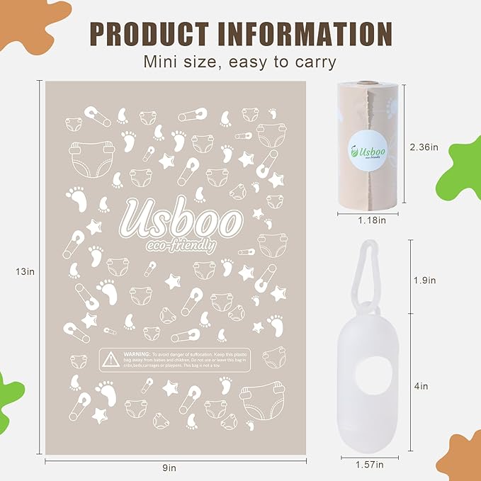 USBOO Disposable Diaper Bags for Baby | 8 Refill Rolls(120 Pack) Diaper Trash Bags with Dispenser | Leak Proof | Baby Poop Bag