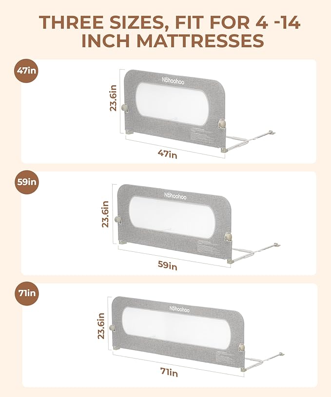 Bed Rail for Toddlers, Foldable & Swing Down, Gap Free Safety Anti-Pinch Double Crossbar Bed Rail Guard, Quick No-Tool Installation for Twin, Full, Queen, King Beds (Gray, 47in)
