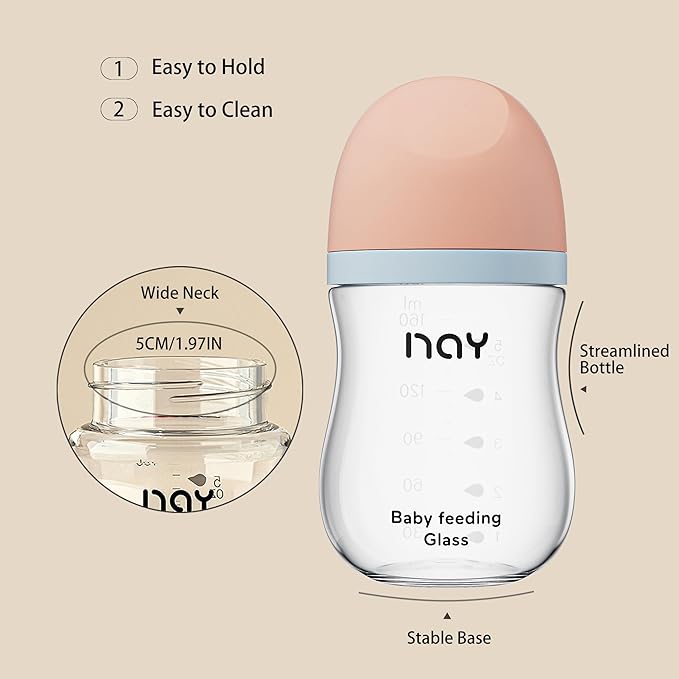yanyoyo Natural Glass Baby Bottle Wide Neck, Anti-Colic Baby Bottle, Clear, 5.4oz(Pack of 4), Includes 4Pcs Natural Response Nipple(S), 1 Months+