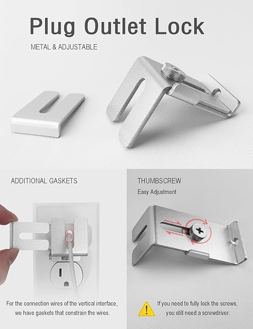 Charger Lock to Outlet, ILIVABLE Adjustable Metal Outlet Lock, Firmly Secures Power Plug from Unplugging (Silver, 2 Pack)