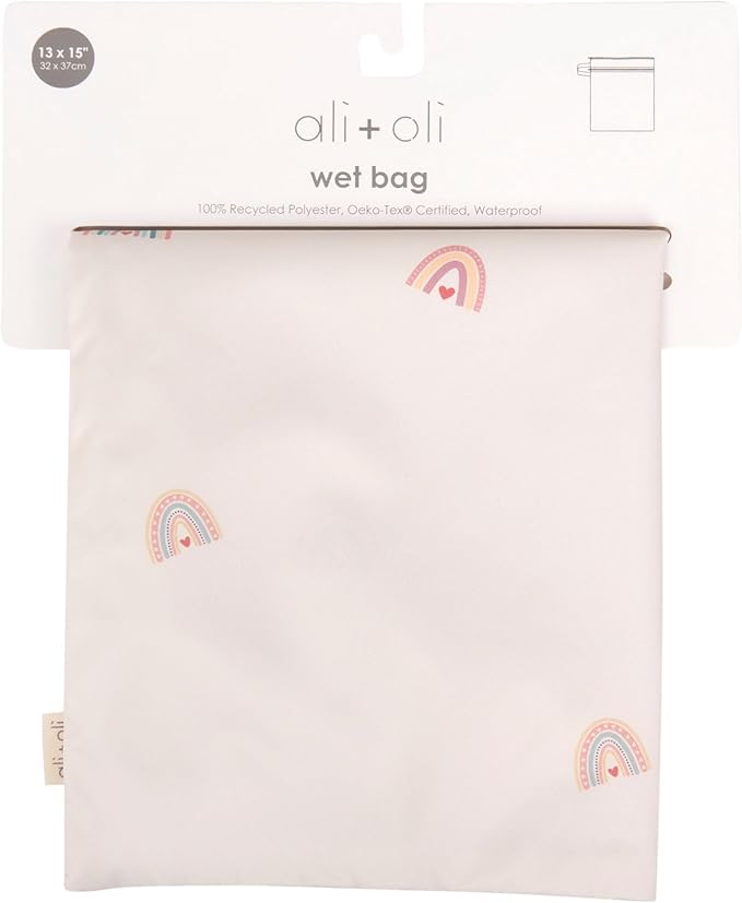 Ali+Oli Water Resistant Dual-Compartment Wet-Dry Bag for Travel, Hook to Stroller, Daycare, Diapers, Diaper Bag, Clutch Bag,15x12 inches (Rainbows)