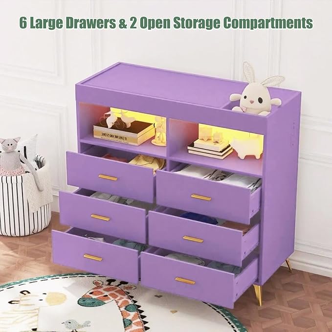 Jojoka Nursery Changing Table Dresser with LED Lighting and Charging Function, 6 Drawer Storage Dresser with 2 Open Compartments, Convertible Baby Diaper Station for Nursery and Bedroom Use