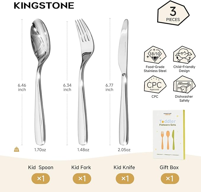 KINGSTONE Kids Silverware Set 3 Pieces, 18/10 Stainless Steel Kids Utensils, Children Safe Fork, Spoon & Knife, Food-Grade, Mirror Polished, Dishwasher Safe for Daily Use